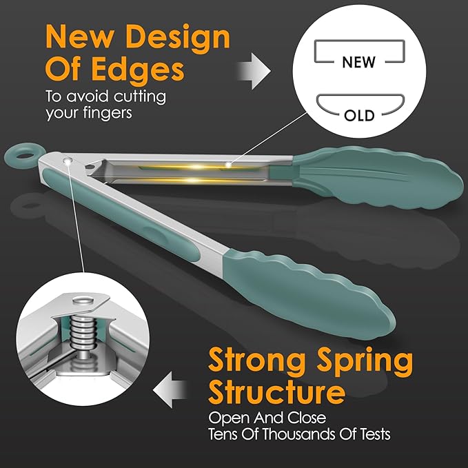 HOTEC Premium Stainless Steel Locking Kitchen Tongs with Silicon Tips, Set of 2-9" and 12",Sage Green