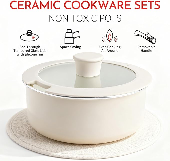 Heapsion 18-Piece Ceramic Nonstick Cookware Set, PFAS/PFOA/PTFE-Free & Non-Toxic Pots and Pans Set with Detachable Handles, Dishwasher Safe & Induction Compatible for Kitchen & RV Cooking