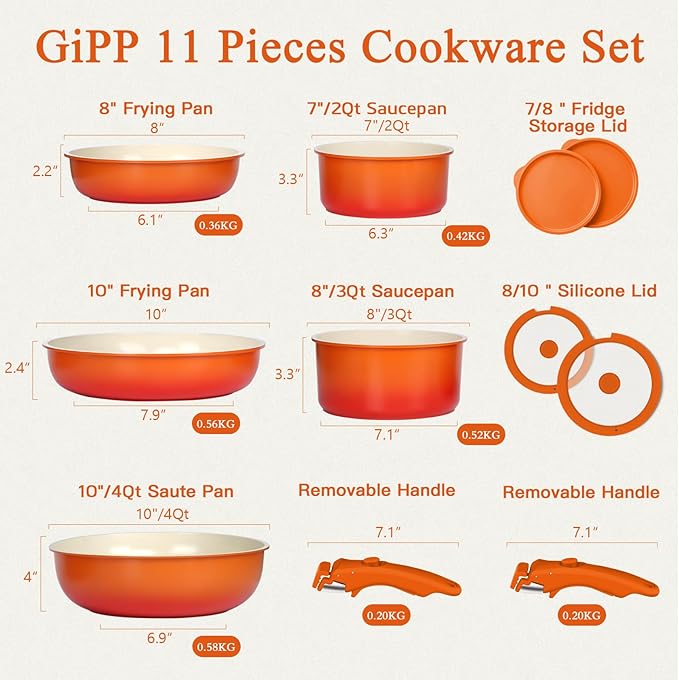 GIPP 11pcs Pots and Pans Set Non Stick, Nonstick Cookware Set Detachable Handle, Ceramic Pots for Cooking Non Stick with Removable Handle, RV Cookware Set for All Stoves, Orange Gradient
