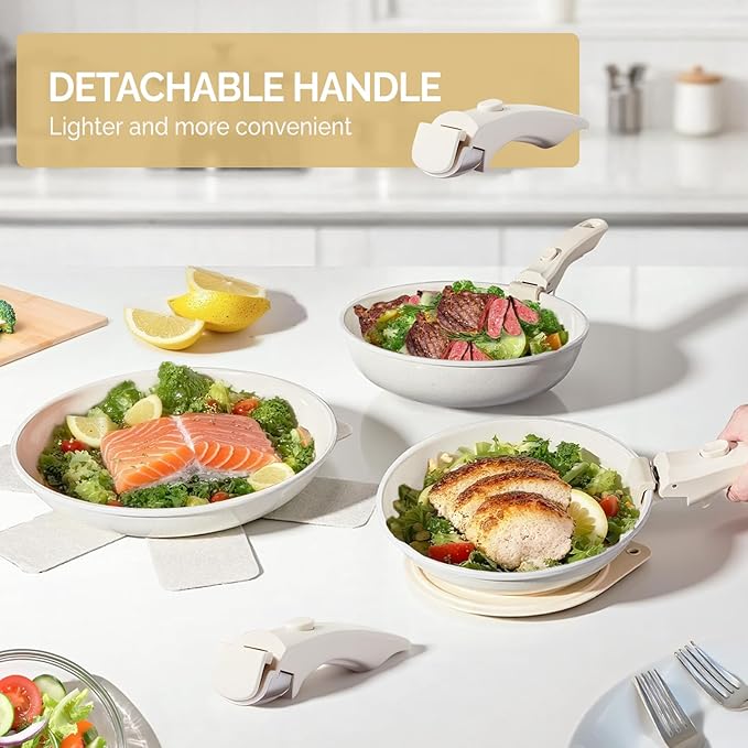 Bonnlo 22 Pcs Nonstick Pots and Pans Set with Lids, Kitchen Cookware Set with Detachable Handle Include Saucepan, Frying and Saute Pan, PFAS PFOA & PFOS Free, RV Induction, Aluminum, Cream White