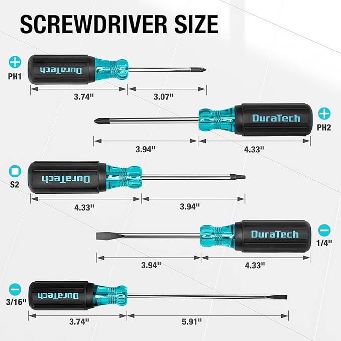 DURATECH 5 PCS S2 Steel Screwdriver Set, Professional Screwdrivers with Non-Slip Grip & Marked Specifications, 2 Phillips 2 Flathead and 1 Square Head Screw Driver, for Home and Industrial Use