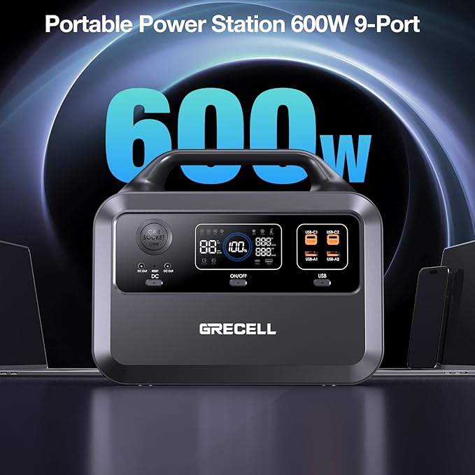 GRECELL Portable Power Station 600W 460Wh Solar Generator(Surge 1200W), 460Wh Backup LiFePO4 Battery for Outdoor Home Emergency