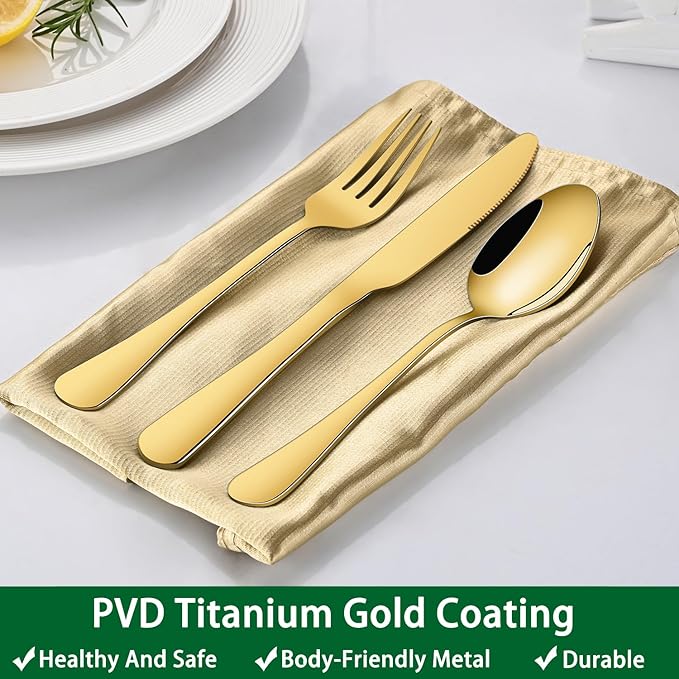 Gold 49 Pieces Stainless Steel Flatware Sets With Organizer,Golden Silverware Sets With Steak Knives Service For 8,Durable Knife And Fork Spoon Sets For Home Kitchen