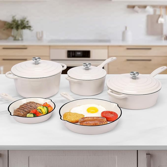QuliMetal Nonstick Enameled Cast Iron Cookware Set, 5-Piece Pots and Pans Set with Lids, Skillet, Frying Pan, Saucepan & Dutch Oven for All Stovetops, PFOA Free, Ideal for Sourdough Bread Baking