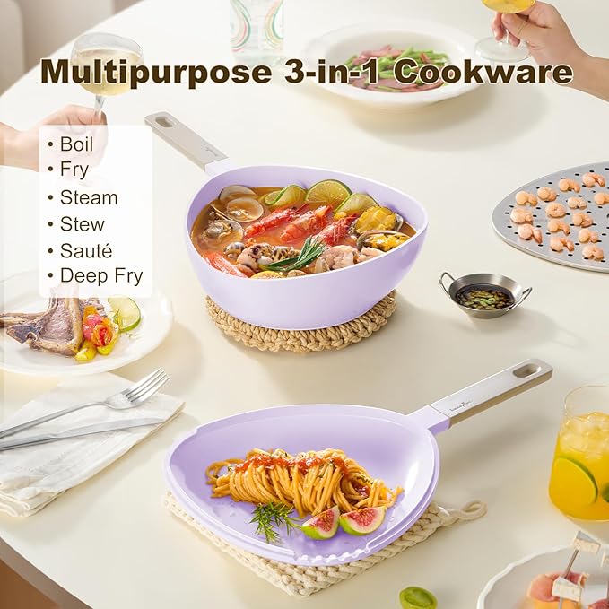 Multi-Purpose 3-in-1 Ceramic Saucepan with Skillet Lid & Steamer, 3QT Nonstick Sauce Pan Features Dual Strainers, Space-Saving Nesting, All Stove & Dishwasher Safe