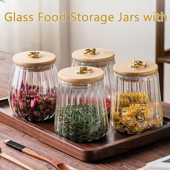 Viovian 34oz Vintage Glass Jar with Wood Lid and Spoon Glass Storage Canister Medium Clear Decoration Jars with Lids for Food Coffee Nut Cookie Candy Sugar 1000ml