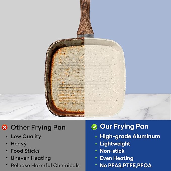 Sweetcrispy Nonstick Grill Pans Set, 3 Piece Square Frying Pan Skillet Set with Stay Cool Handle & PFOA Free, Compatible with All Stovetops (9.5" 10" 11") Beige