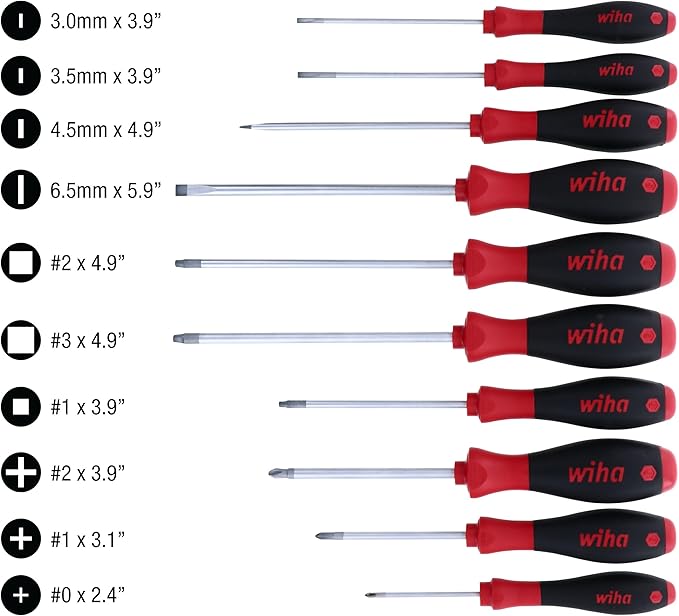 Wiha 30290 SoftFinish Grip ScrewDriver Set, Slotted 3.0-6.5, Phillips Number 0 -2 and Square Number 1-3, 10-Piece Set