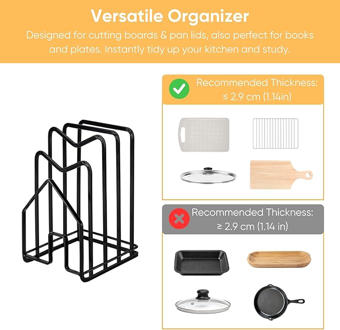 LINFIDITE Cutting Board Holder Chopping Boards Organizer Holder Kitchen Countertop Pot Pan Lids Rack Kitchenware Organizer Flat Steel 4.92 x 5.7 x 8.47 in. Black