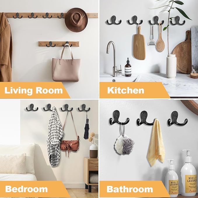 15 Pack Coat Hooks Wall Hooks for Hanging, Heavy Duty Double Prong Metal Hook Wall Mounted for Living Room, Bathroom, Kitchen, Bedroom for Coat, Bag, Scarf, Towel, Hat, Key, Cup (Black)