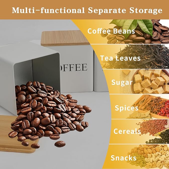 3 Pack 16oz Tea Sugar Coffee Container Set, Kitchen Canister Tins with Bamboo Lids, Stackable Storage Jar Suitable for Coffee Beans, Tea, Sugar, Flavourings, Cereals, Snacks
