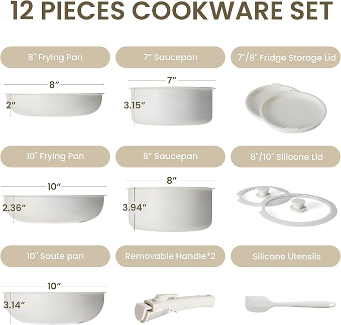 Simple Deluxe 12 Pcs Cookware Set, Non-Stick Pots and Pans Set, with Black Granite Texture and Detachable Handles, Resistant to High Temperatures, Oven Safe, PFAS and PFOA Free, Beige