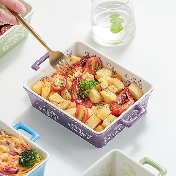 Domini Casserole Dishes for Oven, Ceramic Baking Dishes for Oven Set of 2, Lasagna Pan Deep, Baking Pan Set Square Casserole Dish Set with Handles for Baking, Pattern Purple(11.4+8.5inch)