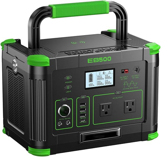Portable Power Station 500W (Peak 1000W), 519Wh Solar Generator with 2x110V AC Outlets & USB-C PD 60W, 10-Port Power Bank with Wireless Charger for Outdoor Camping, RV Trips, and Home Emergency Backup