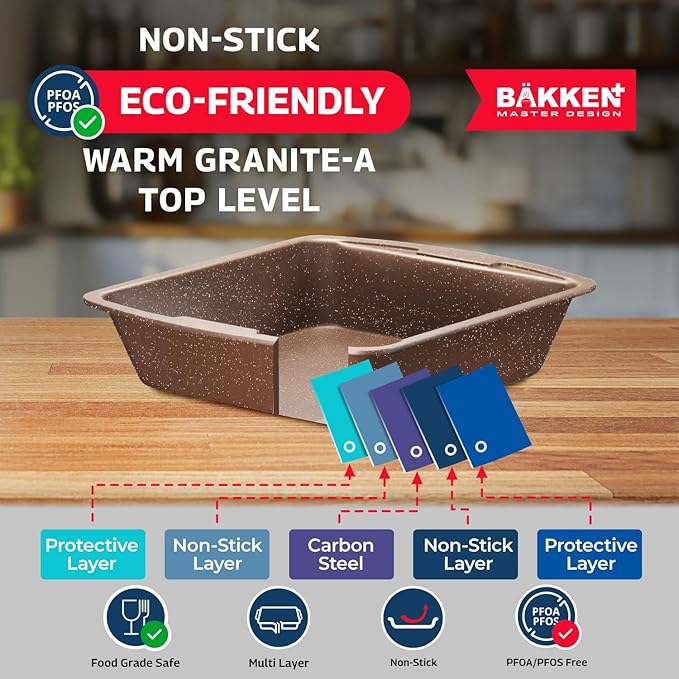 Bakken Master 38 Piece Granite Cookware and Bakeware Set – Nonstick Granite Coating, Pots and Pans with Detachable Handles and Tempered Glass Lids, 6-piece Bakeware set, 12-piece Mixing Bowls,Brown