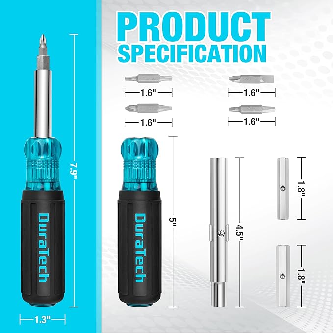 DURATECH Screwdriver, Multi Bit 11-in-1 Screw Driver & Nut Driver Set, Premium S2 Steel Bits, Portable Screw-driver, with Phillips, Slotted, Torx, Square Bits