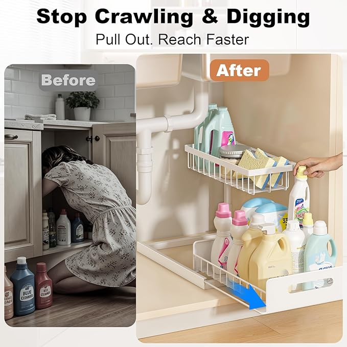 REALINN Under Sink Organizer, Pull Out Cabinet Organizer, 2 Tier Metal Slide Out Shelf with L Shaped Design, Under Cabinet Storage for Kitchen, Bathroom, Laundry, Deep Cabinet Shelf Storage, White