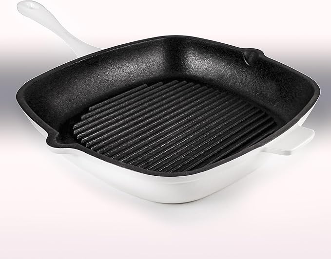 BergHOFF Neo 4Pc Enameled Cast Iron Cookware Set, Grill Pan 11 inches, Fry Pan 10 inches, 3qt. Dutch Oven, Matching Lid, Fast, Evenly Heat, Oven Safe (White)