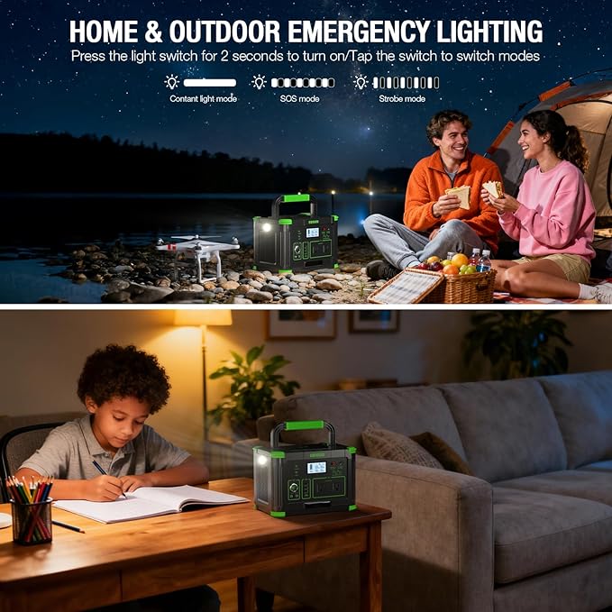 Portable Power Station 1000W (Peak 2000W), 999Wh Solar Generator, 110V Pure Sine Wave AC Outlet with PD 60W USB-C Fast Charging, Outdoor Camping RV Van Home Backup Off-Grid Living