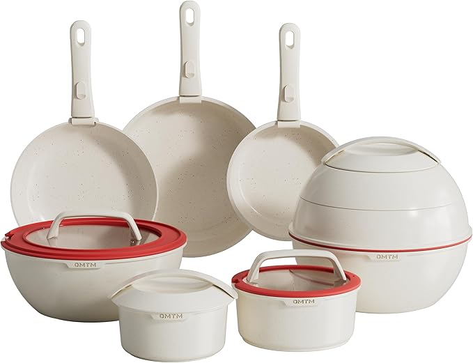 OMTM 19pcs Ceramic Non Stick Pots and Pans Set with Detachable Handle, Space-Saving Nestable Cookware Set for Kitchen Wedding House Warming Gifts, Eco-Friendly Non-Toxic (PFOS, PFOA Free)