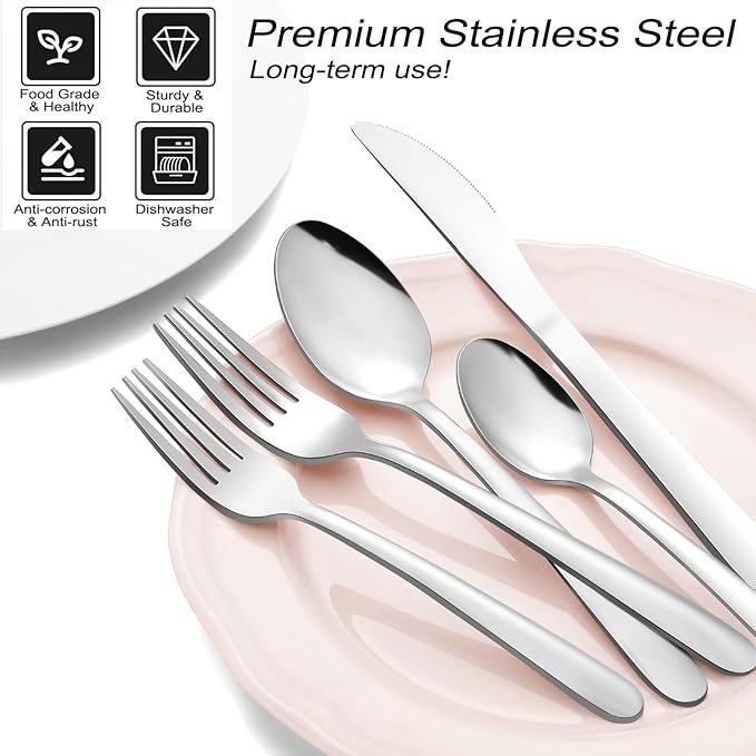 Pleafind 72-Pieces Silverware Set for 12, Flatware Set with Triple Rivet Steak Knives, Stainless Steel Cutlery Set, Include Forks Spoons and Knives Set, Utensil Sets for Home Restaurant