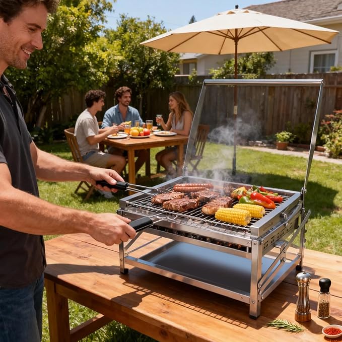 Ergocar Charcoal Grill Outdoor Multi-Function Portable Rotatable Adjustable Height 4-Tier Charcoal Tray Ideal For Outdoor Smoking, Picnics, Camping Barbecues