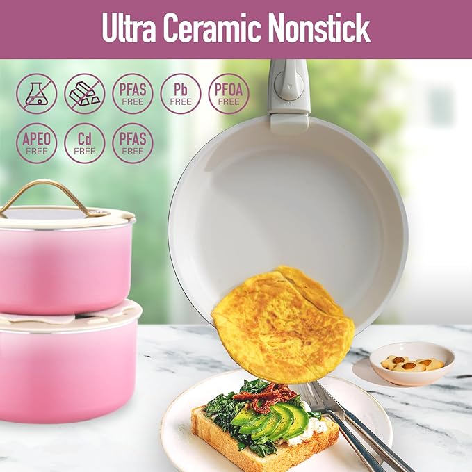 ONGIFT 20pcs Ceramic Cookware Set Nonstick, Detachable Handle Pots and Pans Set, Non Toxic,No PFAS & PTFE & PFOA, Dishwasher/Oven Safe, RV Kitchen Set Removable Handle for Cooking, Pink