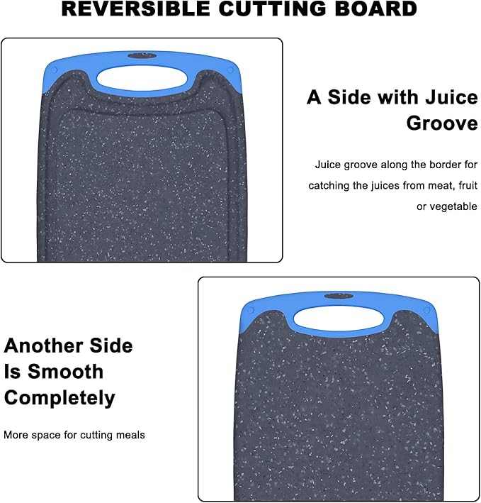 Viretang Non Slip Cutting Board, 3 Pieces Dishwasher Safe Cutting Boards with Juice Grooves, Easy Grip Handle, Non-Slip, with Grinding Area for Grinding Garlic and Ginger（blue）