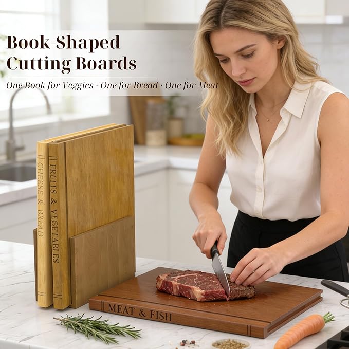 Book Cutting Board Set with Wooden Stand-Wooden Kitchen Cutting Boards That Look Like Books for Vegetables Cheese Meat, Chopping Board Gift Set for Home Cooks & Kitchen Decor