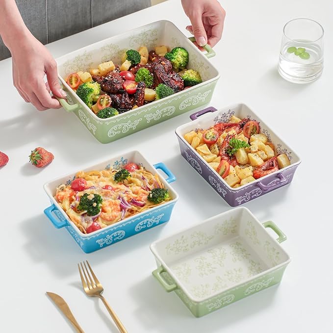 Domini Casserole Dishes for Oven, Ceramic Baking Dishes for Oven Set of 2, Lasagna Pan Deep, Baking Pan Set Square Casserole Dish Set with Handles for Baking, Pattern Purple(11.4+8.5inch)