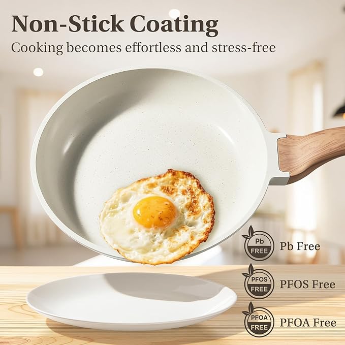 NEWBULIG 25-Piece Nonstick Cookware Set, Granite Pots and Pans with Lids, Induction Compatible Nonstick Cooking Set with Frying Pans & Saucepans, Cream White