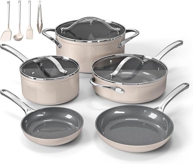 Bakken 12-Piece Aluminum Cookware Set with Ceramic Nonstick Coating, PTFE & PFAS Free, All Stovetop Safe Up To 500°F, Pots and Pans Set with Lids, Silicone Utensils Included, Dishwasher Safe, Cream