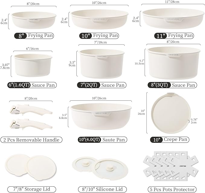 JEETEE Pots and Pan Set Non Stick 19 Pcs, Cookware Set Detachable Handle, RV Kitchen Cooking Set Removable Handles, Stackable Non-stick Set, Oven Safe, Beige