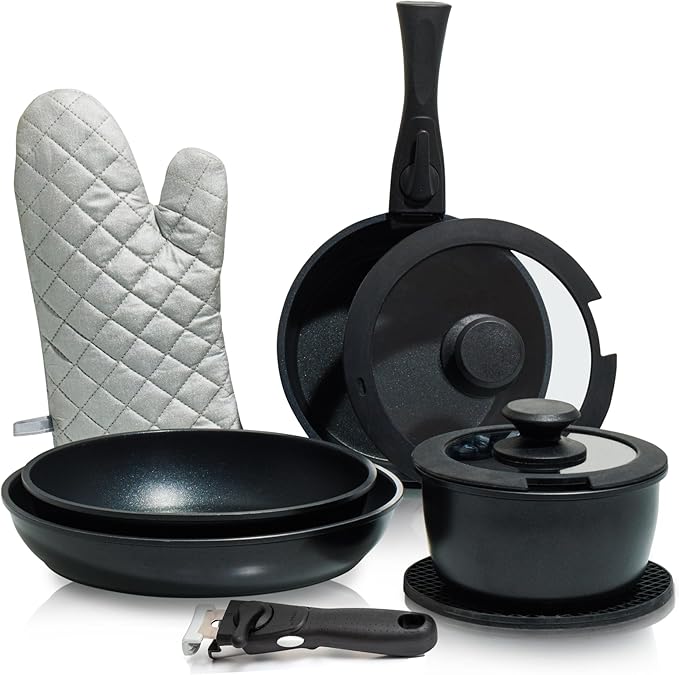 Moss & Stone 10pcs Nonstick Cookware Pans with Removable Handles, Space Saving Pots and Pans with Removable Handles, RV Pots and Pans Set for Camping, Oven and Induction Ready