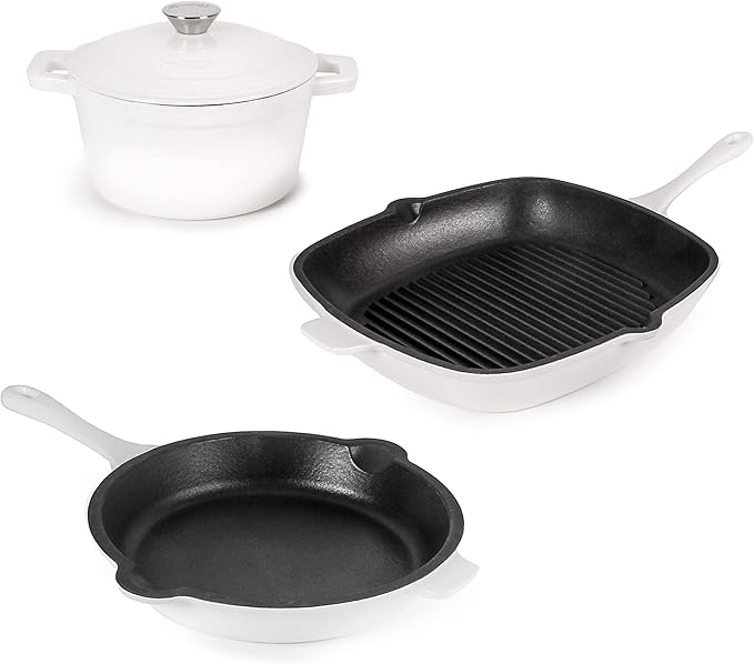BergHOFF Neo 4Pc Enameled Cast Iron Cookware Set, Grill Pan 11 inches, Fry Pan 10 inches, 3qt. Dutch Oven, Matching Lid, Fast, Evenly Heat, Oven Safe (White)