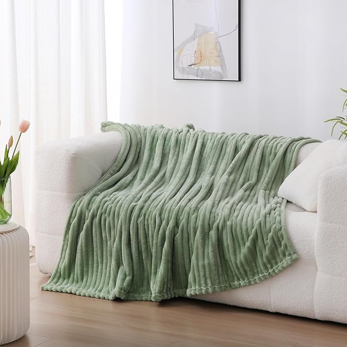 Sage Green Fleece Throw Blanket 60”×80” for Couch Sofa Bed,Super Soft Cozy Plush Microfiber Flannel Blanket with Stripes Design Lightweight for Adults,Woman,Girls