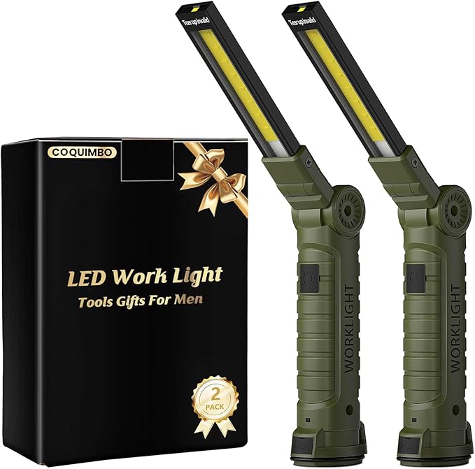 Coquimbo Tool Gifts for Men Him, Rechargeable LED Work Light Grill Light with Magnetic Base and Hook 5 Modes 360° Rotate Mechanic Light Dad Husband Mens Birthday Gifts (2 Pack Green)