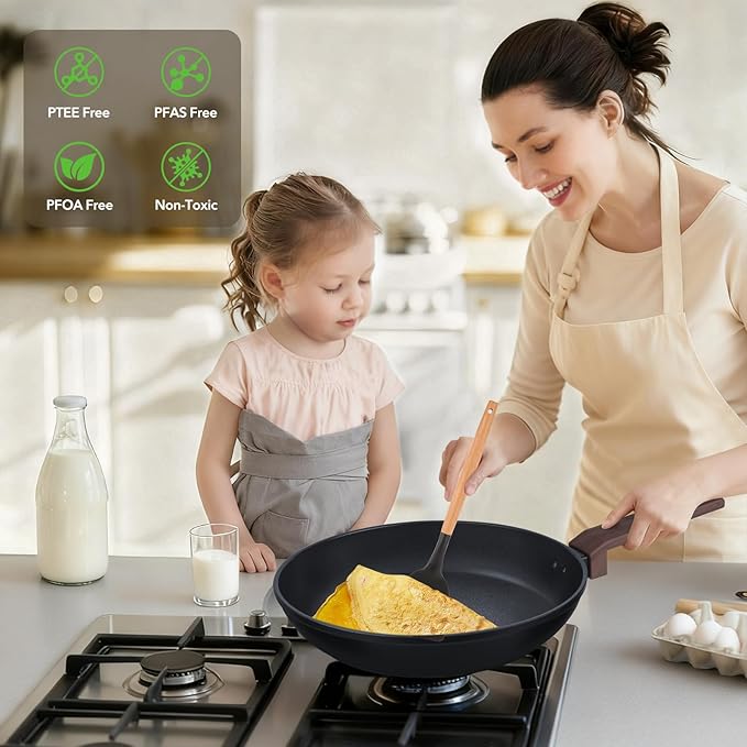9Pcs Pots and Pans Set Nonstick,Induction Cookware Set Kitchen Cooking Sets,Healthy Non-Toxic Pots and Pan set,Non Stick with Grill Pan& Stay-Cool Handles (PFOS, PFOA Free),Black