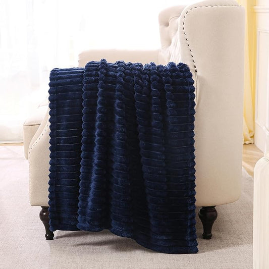 Navy Blue Fleece Throw Blanket 60”×80” for Couch Sofa Bed,Super Soft Cozy Plush Microfiber Flannel Blanket with Stripes Design Lightweight for Adults,Woman,Girls