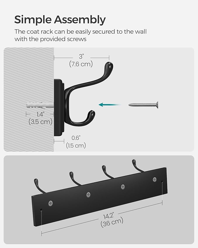 SONGMICS Wall-Mounted Coat Rack, Hook Rack, 4 Dual Metal Hooks, for Coats, Bags, Keys, in The Entryway, Bedroom, Living Room, Black ULHR023B01