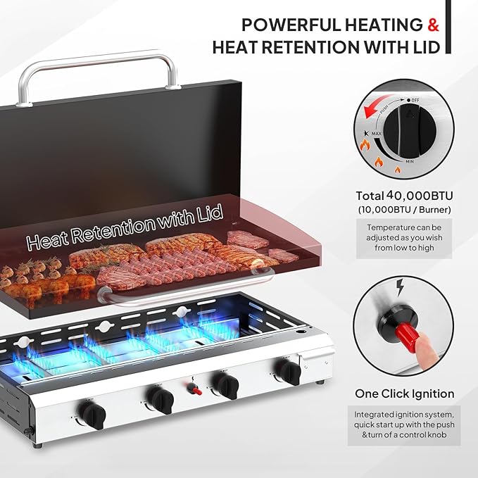 Bonnlo 40000BTU Propane Griddle with Lid and Ignition, Standing Flat Top Gas Grill with Storage Shelf and Portable Rolling Wheels, 4 Burner Camping Cooker for Patio Backyard Outdoor Cooking BBQ