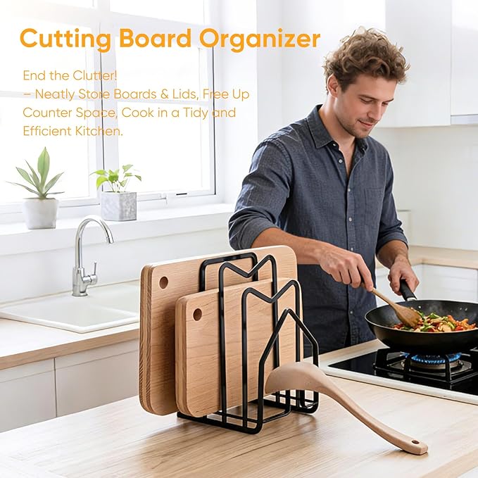 LINFIDITE Cutting Board Holder Chopping Boards Organizer Holder Kitchen Countertop Pot Pan Lids Rack Kitchenware Organizer Flat Steel 4.92 x 5.7 x 8.47 in. Black