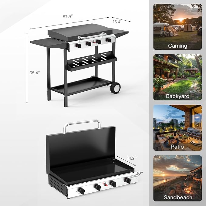 Bonnlo 40000BTU Propane Griddle with Lid and Ignition, Standing Flat Top Gas Grill with Storage Shelf and Portable Rolling Wheels, 4 Burner Camping Cooker for Patio Backyard Outdoor Cooking BBQ
