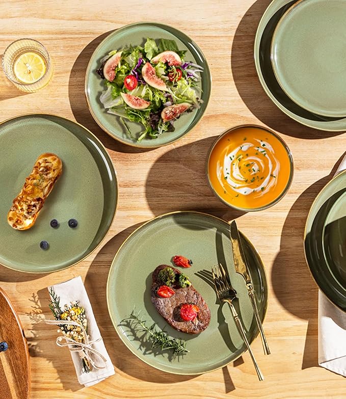 TheTerra Ceramic Dinnerware Sets for 8, 24 Pieces Handmade Reactive Glaze Plates and Bowls Set, Scratch Resistant Dish Set, Oven & Microwave & Dishwasher Safe, Sage Umber