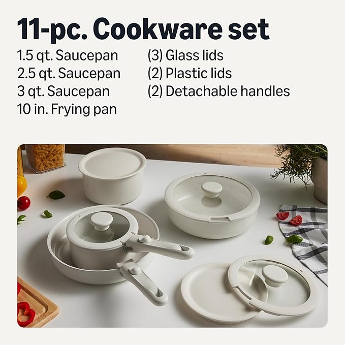 Amazon Basics Ceramic Nonstick Cookware Set with Detachable Handles, 11-Piece Stackable, All Cooktop Friendly, Oven-Safe, Dishwasher-Safe, Includes Saucepan, Frying Pan, Ivory