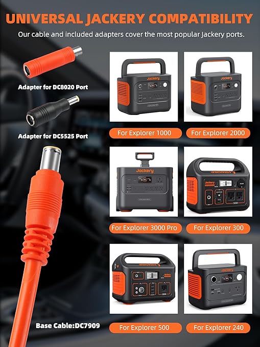 14AWG Car Charging Cable for Jackery Portable Power Station Explorer 3000 2000 1500 1000 880 550 500 300 290 240 160,6.6FT/2M Jackery Power Cord with 2 Adapters (7909 to 8020/5525)