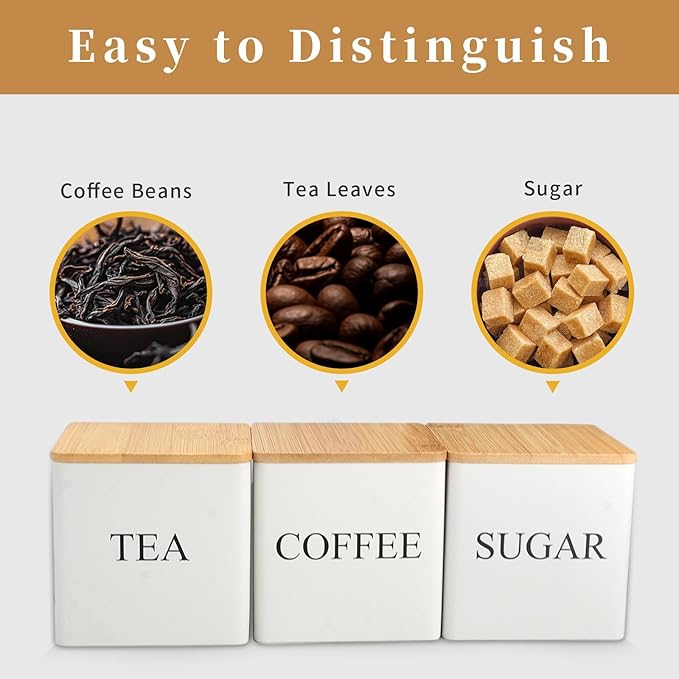 3 Pack 16oz Tea Sugar Coffee Container Set, Kitchen Canister Tins with Bamboo Lids, Stackable Storage Jar Suitable for Coffee Beans, Tea, Sugar, Flavourings, Cereals, Snacks