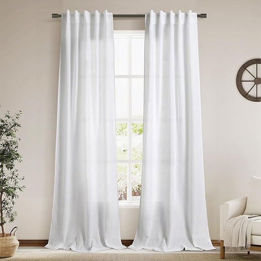 White Linen Sheer Curtains 102 Inches 2 Panels Set Back Tab Rod Pocket Extra Long Semi Sheer Light Filter Vintage Curtain Drapes Room Decor Aesthetic Curtains for Living Room High Window 40x102