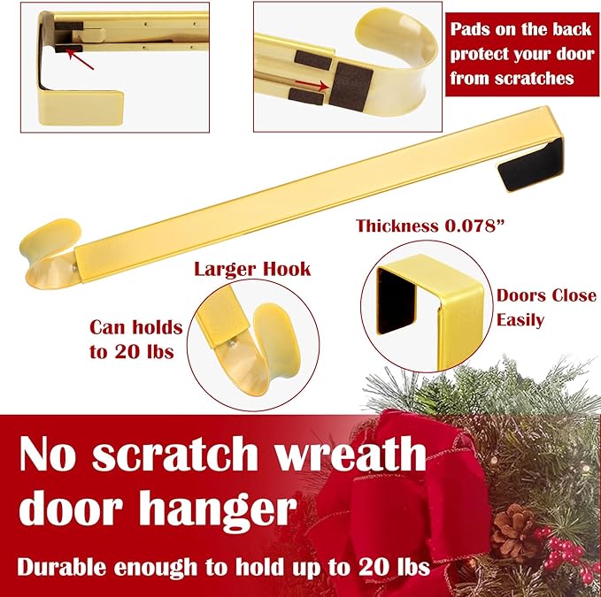 Wreath Door Hanger, Adjustable Wreath Hangers for Front Door from 15 to 25 Inch, Non Scratch Over the Door Hooks, 20lbs Metal Hook Perfect for Heavy Easter Halloween Christmas Wreaths Home Decorations