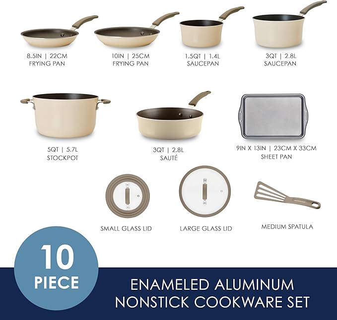 Rachael Ray Cook + Create Nonstick Cookware Pots and Pans Set, Includes Baking Sheet Pan and Cooking Utensil, 10 Piece - Almond
